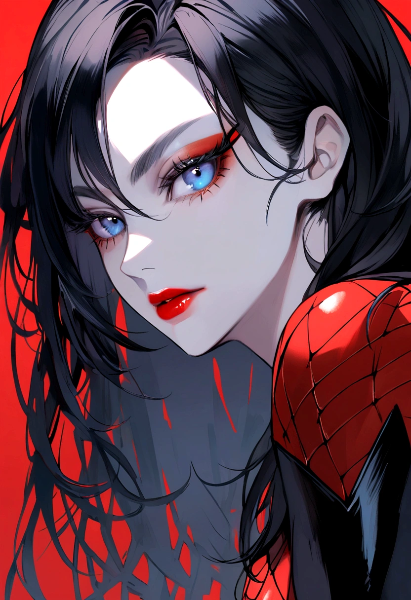 marvel conic panel, teenage girl, fair pale skin, grey blue eyes, black shoulder length hair, long lashes, black and red spiderman suit, eyeliner, red lips