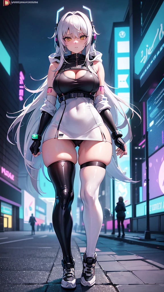 [((A highly detailed and realistic 4k masterpiece featuring a young woman standing in a cyberpunk setting. She has long, streaked hair in various shades of white and pastel colors, and piercing yellow eyes. She is wearing a hoodie, mini skirt, and seamed legwear, and accessorizes with fingerless gloves and headphones. She has medium-sized ??????? and a curvy figure, and her clothing is designed to show off her cleavage. The background is a futuristic cityscape, with neon lights and holographic advertisements.)))]