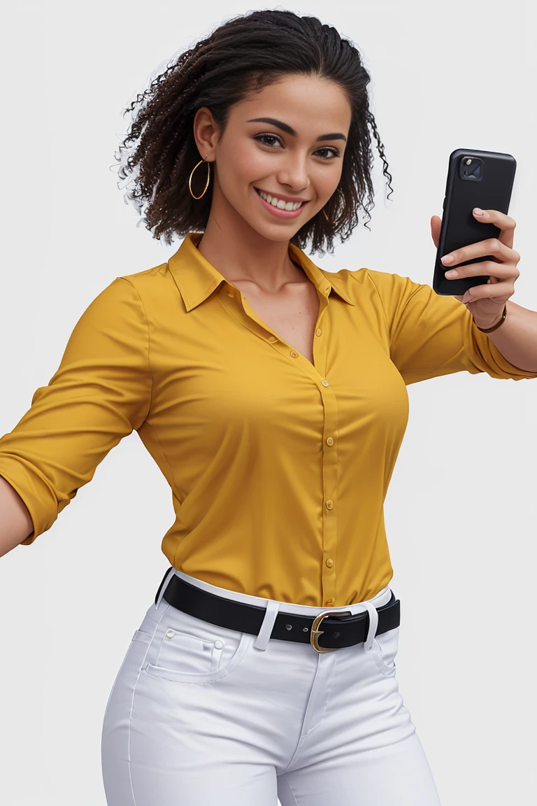 A photorealistic portrait of a 25-year-old American girl, with loose curly hair, wearing an orange-gold yellow strap blouse. She wears white jeans, with a black belt, holding a cell phone in her right hand, and her left hand pointing upwards. smiling face, tanned athletic body, with a white background. Very realistic image.