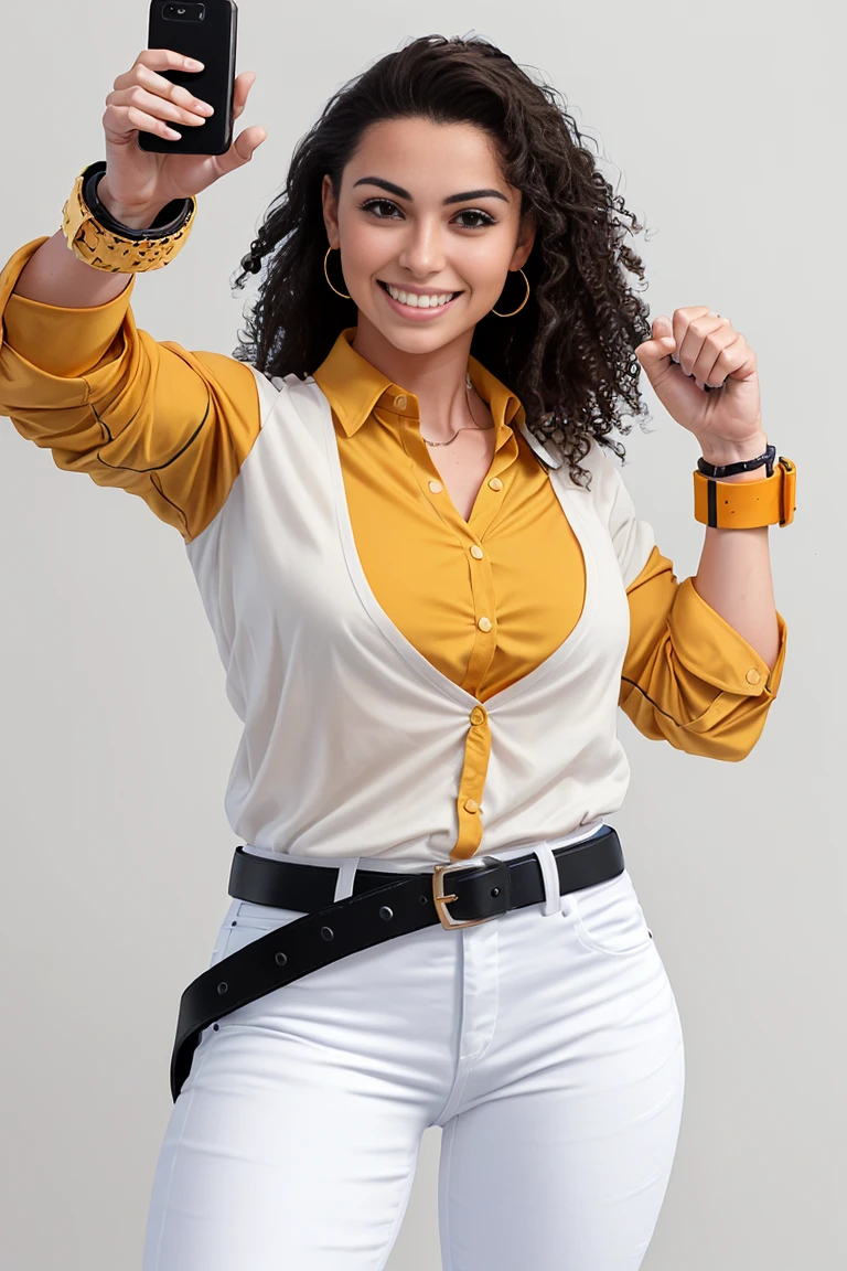 A photorealistic portrait of a 25-year-old American girl, with loose curly hair, wearing an orange-gold yellow strap blouse. She wears white jeans, with a black belt, holding a cell phone in her right hand, and her left hand pointing upwards. smiling face, tanned athletic body, with a white background. Very realistic image.