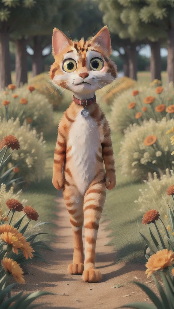The same orange cat walking through tall grass, with a curious expression, surrounded by blooming flowers.