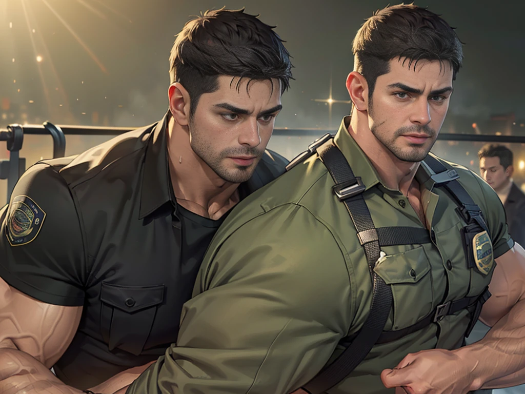 (Create a masterpiece: 1.2),(CGI art:1.3),(realistic:1.5),(After processing:1.3),(Sharp focus:1.3),1 man ,sunglass, straight, front ,Chris Redfield ,(black hair), smile open mouth, (Wear color olive green shirt with a Police badge: 1.2), olive green cargo, Korean guy , korean men, (High gloss details), chest muscles, large arm muscles, blood vessel, Big muscles, Broad shoulders, looking at the audience, Balancing the eyes, middle of the road,(Run and fight:1.6)