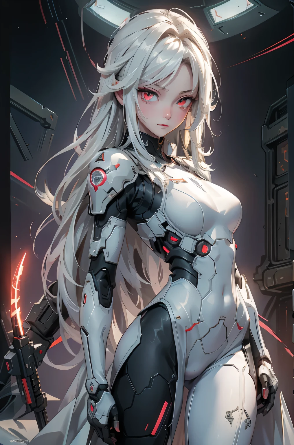 ((Cyberpunk women images))，raise one's arms high:1.4、armpits,,(masterpiece:1.4, highest quality, Dutch Angle)(One Girl, alone)（Gray hair that changes with light、Smooth and straight hair、WHITE hair fluttering in the wind）、（beautiful, Glowing Skin、Cheek Gloss Highlighter、y and very beautiful and adorable face、The most beautiful face in the world、big, Glowing red eyes）、（Cute 25 year old girl, large breght waist、Delicate shoulders、Perfect figure）（Overall dark、A ruined futuristic city、The world at the end of the century、Traces of war、cave、Remains）(Futuristic combat suit、White combat armor、Highly decorated combat uniform、Weapons are deployed to surround the woman)（Shooting from close range、Pictures of female faces）
