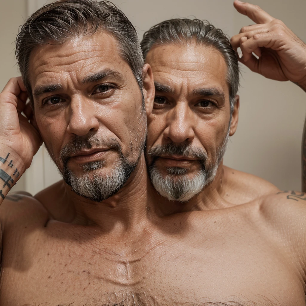 a close up of a man with a tattoo on his arm and with a white beard and a shirtless shirt, Homens de 50 anos, papai gostoso, Homem de 5 0 anos, ele tem cerca de 60 anos, ele tem cerca de 6 0 anos, barba branca curta, 5 5 eles, homens de 45 anos, wrinkles and muscles, Masculino e forte, 7 0 anos, looking at the camera
