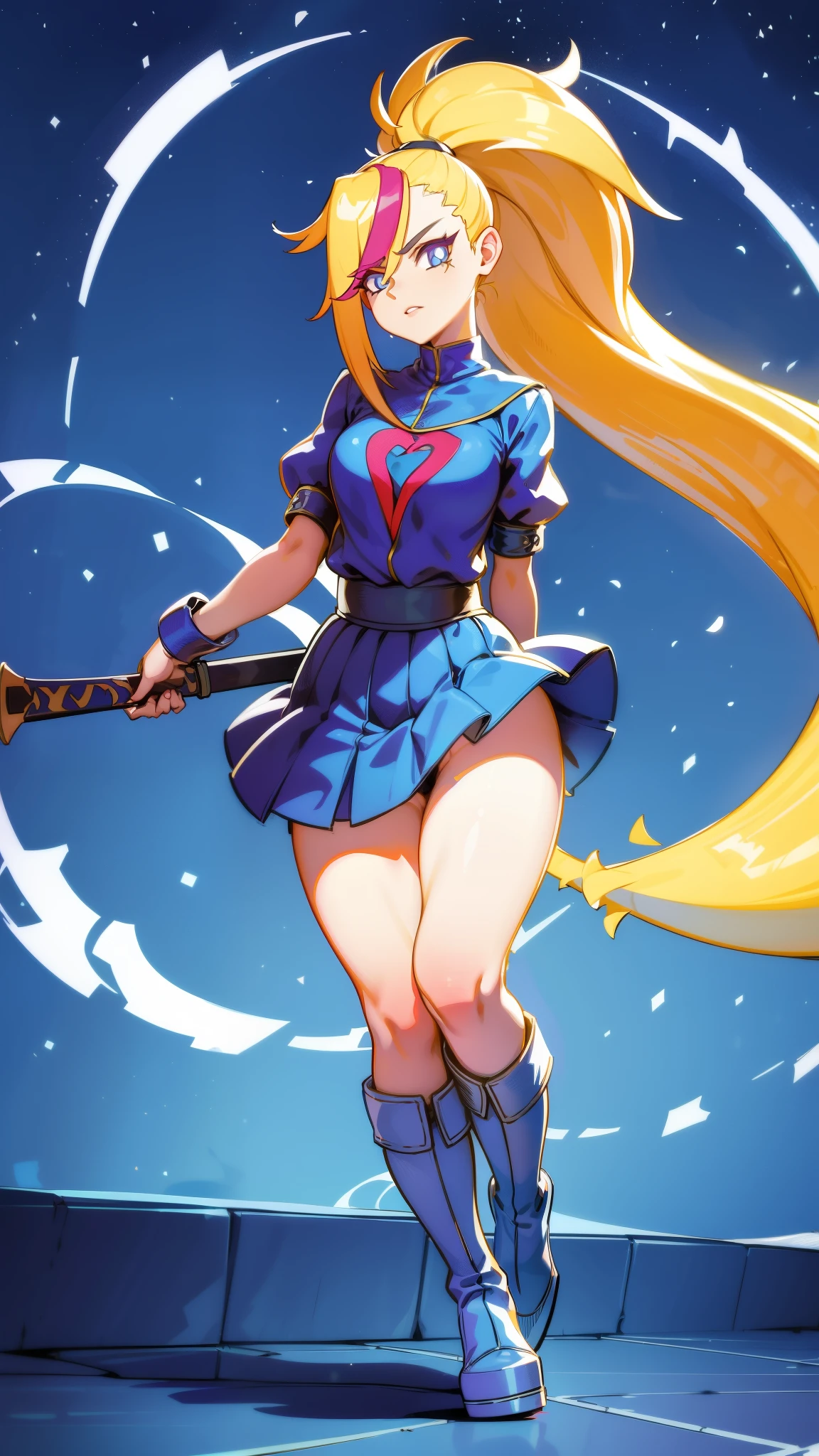 1 girl, ultra long hair, ultra detailed face, glowing lips, glowing blue eyes, very long ponytail, elegant walk, catwalk, holding down a  giant katana, blonde, long eyelashes, long boots , looking to the sky, starry sky, a ultra giant katana 