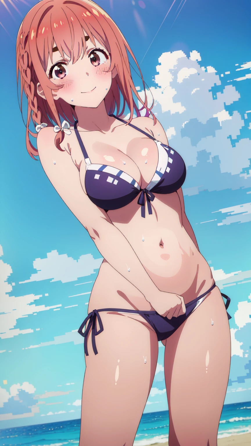 (((Pixel Perfect, Detail Perfect))), alone, 1 Girl, Sakurazawa Sumi, Watching the audience, blush, Embarrassing, Smiling, looking at the viewer, blue theme, blue background, cloudy sky, sunlight, sweat, orgasmic, bikini swimsuit, medium breasts, cleavage, belly button exposed, collarbone, thighs, sea and beach,