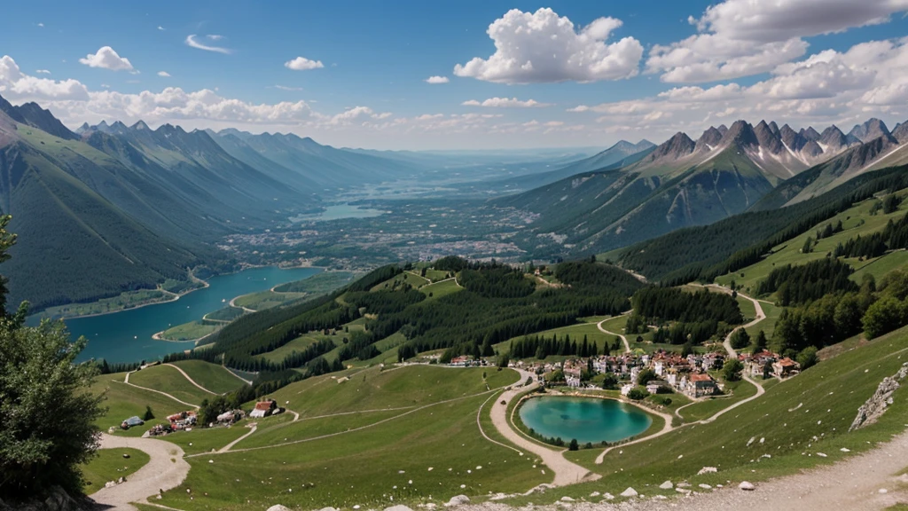 fantasy setting. medieval city far away in the distance. summer. lake. photo taken on mountains, far away from the city.