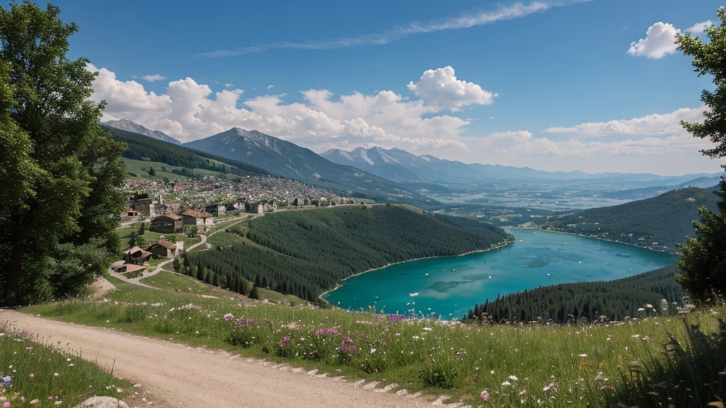 fantasy setting. medieval city far away in the distance. summer. lake. photo taken on mountains, far away from the city.
