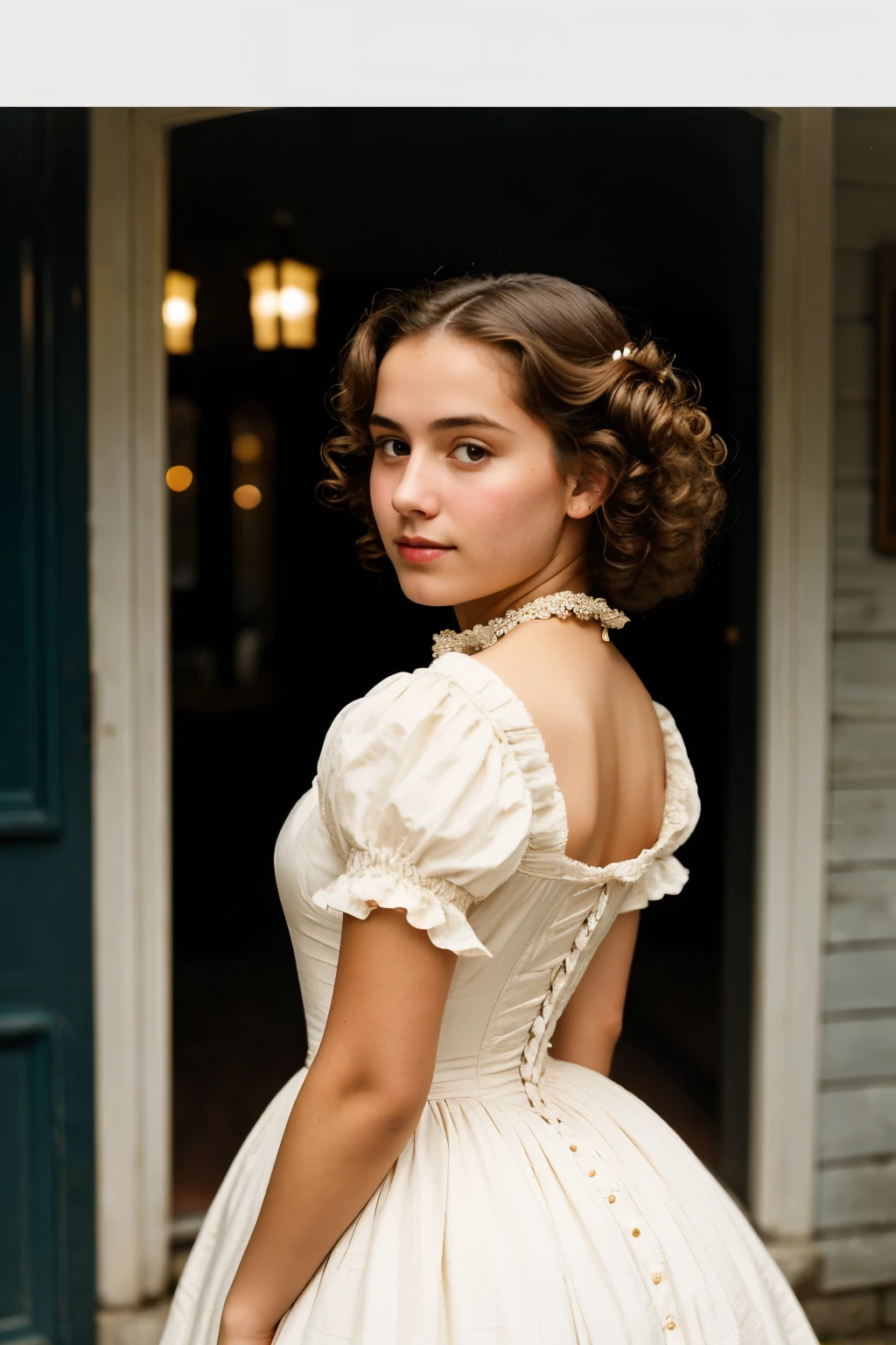 (Close-up of a beautiful 15 year old girl on a 19th century street in a vintage dress.), (serious:0.5), (Highly detailed face:1.4), Ass view, Nikon D850, film stock photos, 4 Kodak Portra 400, f1 camera.6 lenses, Saturated color, Too realistic, The texture is realistic., incredible light, Movie theater 800, 19th century Victorian style, evening, vintage light, Medium curly hair