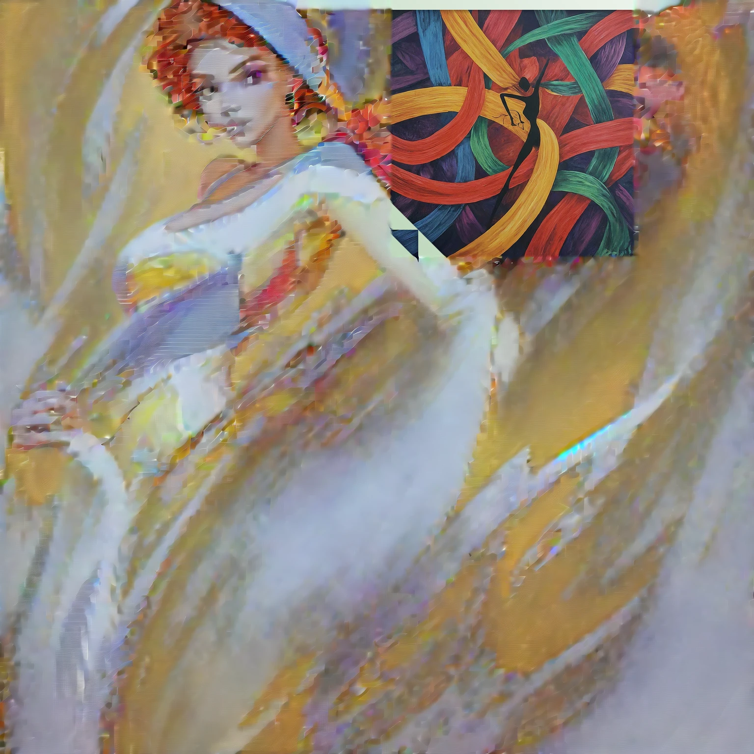 painting of a woman holding a pair of scissors in a colorful swirl, inspired by Ernie Barnes, stylistic painting, rennaisance painting, abstract human figures dancing, artistic painting, frenetic oil painting, stylised painting, flowing rhythms, brightly coloured oil on canvas, virtuosic painting, colorfull painting, expressionist painting, inspired by Jacob Lawrence