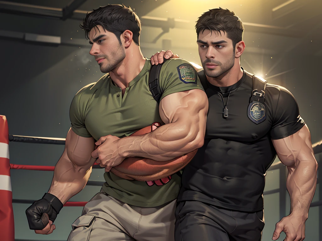 (Create a masterpiece: 1.2),(CGI art:1.3),(realistic:1.5),(After processing:1.3),(Sharp focus:1.3),1 man ,sunglass, straight, front ,Chris Redfield ,(black hair), smile open mouth, (Wear color olive green round neck T-shirt with a Police badge: 1.2), olive green cargo, Korean guy , korean men, (High gloss details), chest muscles, large arm muscles, blood vessel, Big muscles, Broad shoulders, looking at the audience, Balancing the eyes, middle of the road , (Carrying a black backpack: 1.3),(Run and fight:1.6)