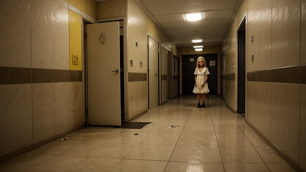 Create an image of a school girls' restroom. In the center of the restroom, there is a young girl with blonde hair wearing a white dress. She looks terrified, her eyes wide with fear and her mouth slightly open as if she is about to scream. The restroom is dimly lit with a weak, eerie yellow light that casts unsettling shadows across the room. The tiled walls and floors are grimy, with some broken tiles and dark stains. The mirrors are foggy and cracked, adding to the sense of dread. The stall doors are slightly ajar, creating dark gaps that seem to hide unseen horrors. The overall atmosphere should be haunting, with a palpable sense of terror and tension.