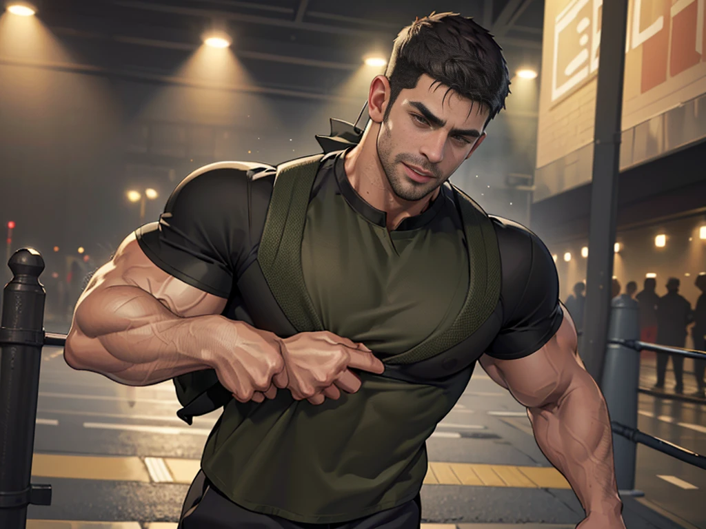 (Create a masterpiece: 1.2),(CGI art:1.3),(realistic:1.5),(After processing:1.3),(Sharp focus:1.3),1 man ,sunglass, straight, front ,Chris Redfield ,(black hair), smile open mouth, (Wear color olive green round neck T-shirt with a Police badge: 1.2), olive green cargo, Korean guy , korean men, (High gloss details), chest muscles, large arm muscles, blood vessel, Big muscles, Broad shoulders, looking at the audience, Balancing the eyes, middle of the road , (Carrying a black backpack: 1.3),(Run and fight:1.6)