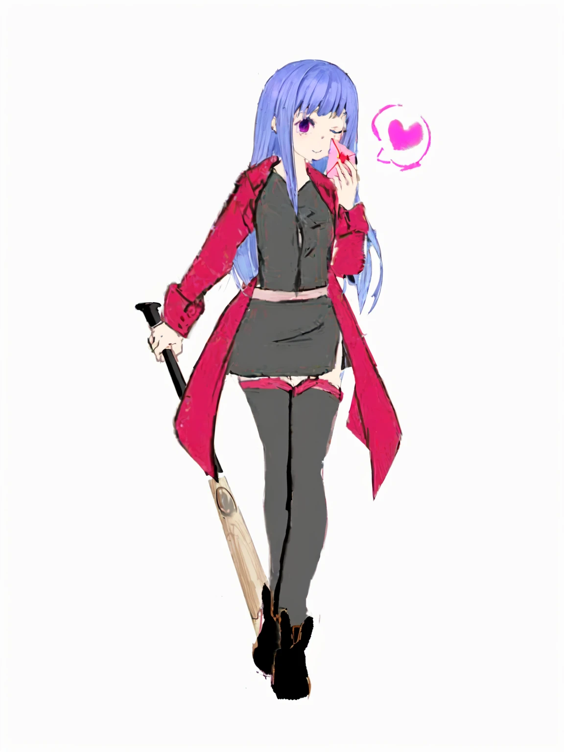 Anime girl with blue and purple hair, holding a baseball bat, gapmoe yandere, yandere. high, yandere, 2D anime style, gapmoe yandere grimdark, anime style character, anime style like fate/stay the night, made in an anime artist's studio, anime Mo artstyle, some red and purple, anime character, cel - shaded artistic style, love letter in hand