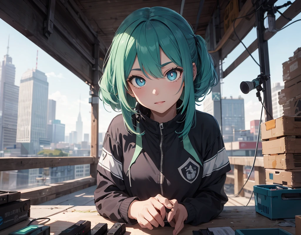 High Detail, Light,Pigeon,Nests,broadcast station,,City,Long blue-green hair,girl,Blue pupils,Ark of Tomorrow, Light線追蹤, Ultra HD, masterpiece, 4k, best quality