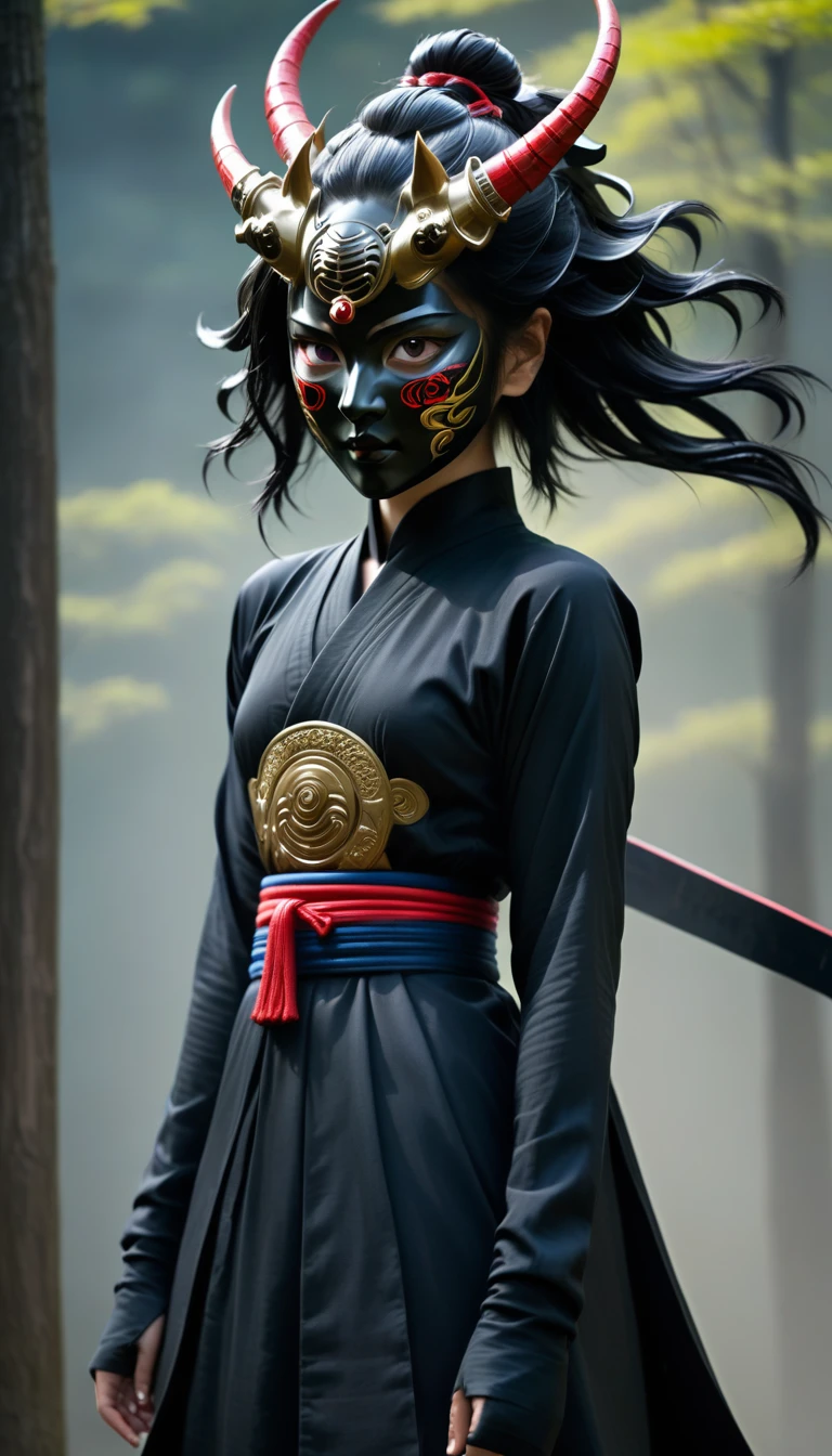 a ninja with a Japanese oni mask, com uma roupa preta, menacingly