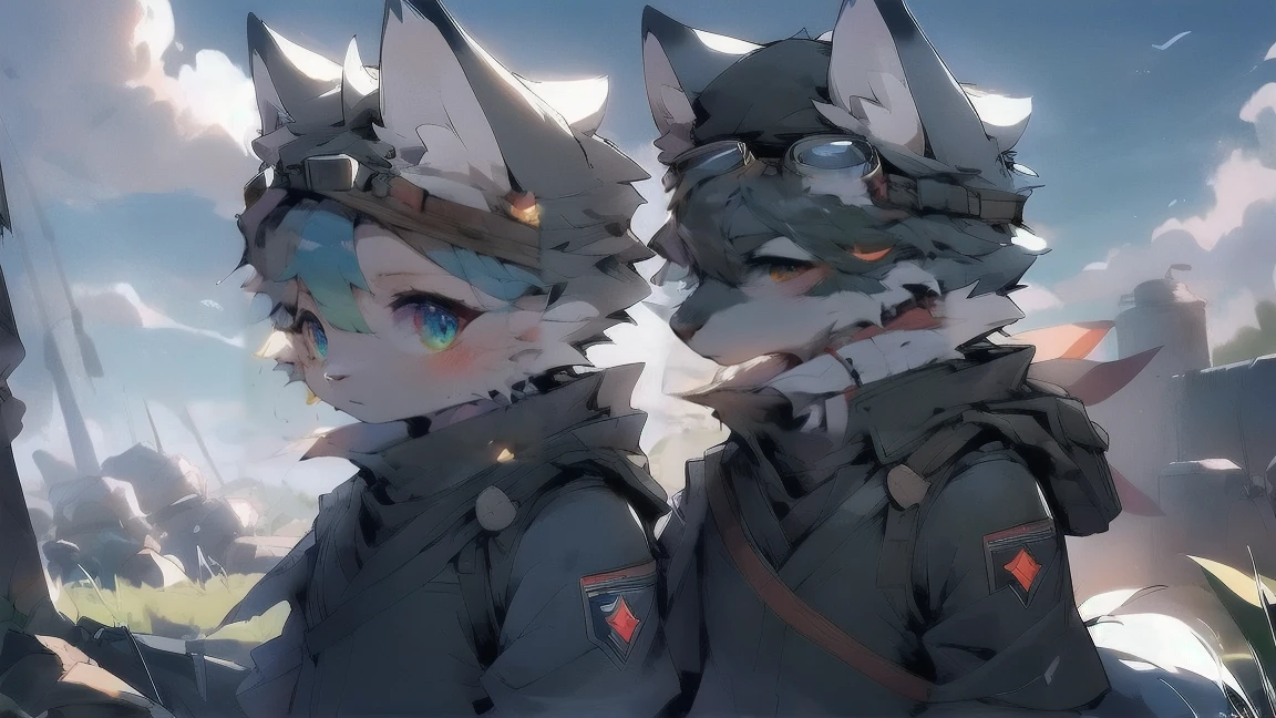 Wolf，Gray fur，Sky blue eyes，German style military uniform，Wear goggles，The background is a dark battlefield，bust，boy，juvenile