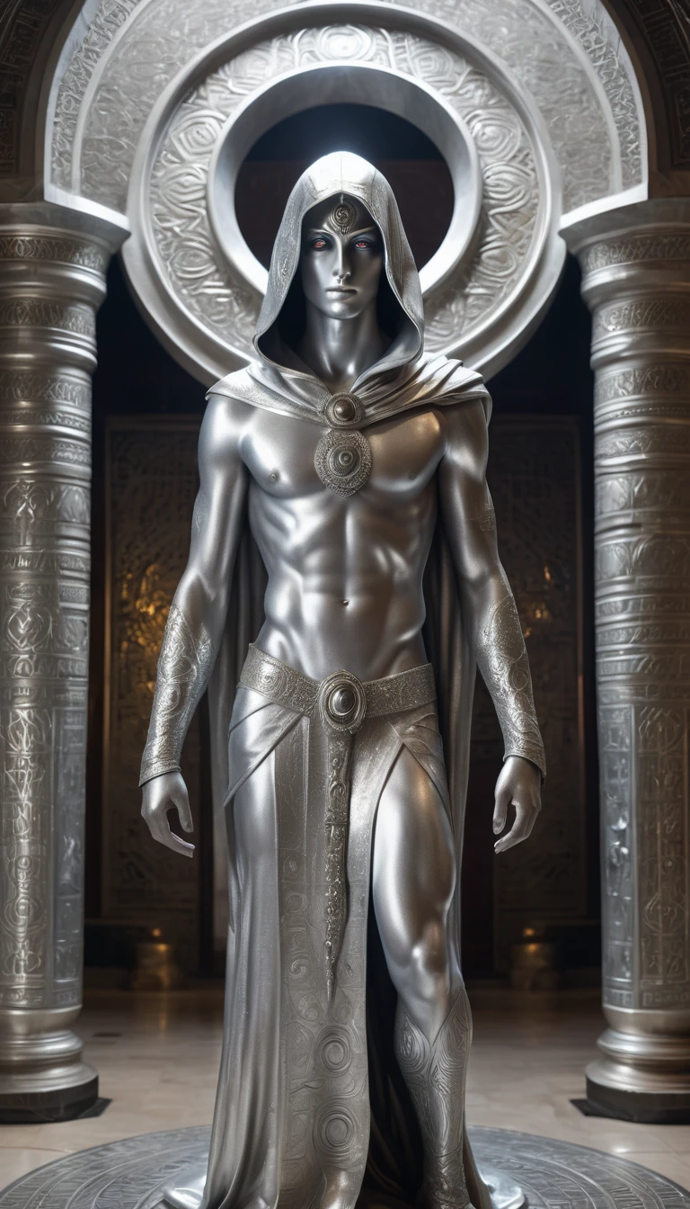 A full-length statue of the sexual young man with beautiful opened silver eyes looking forward with silver skin - God of the moon, made of silver, arabic appearance, naked in a floor-length silver skirt, covered with a hood, semicircular symbols on clothes
In the temple with Arabic architecture made of silver, dark fantasy style