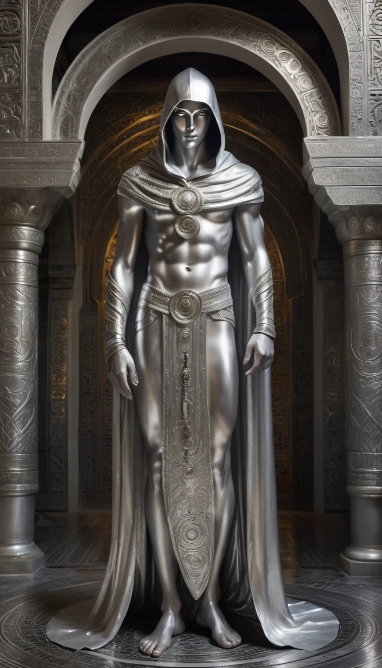 A full-length statue of the sexual young man with beautiful opened silver eyes looking forward with silver skin - God of the moon, made of silver, arabic appearance, naked in a floor-length silver skirt, covered with a hood, semicircular symbols on clothes
In the temple with Arabic architecture made of silver, dark fantasy style