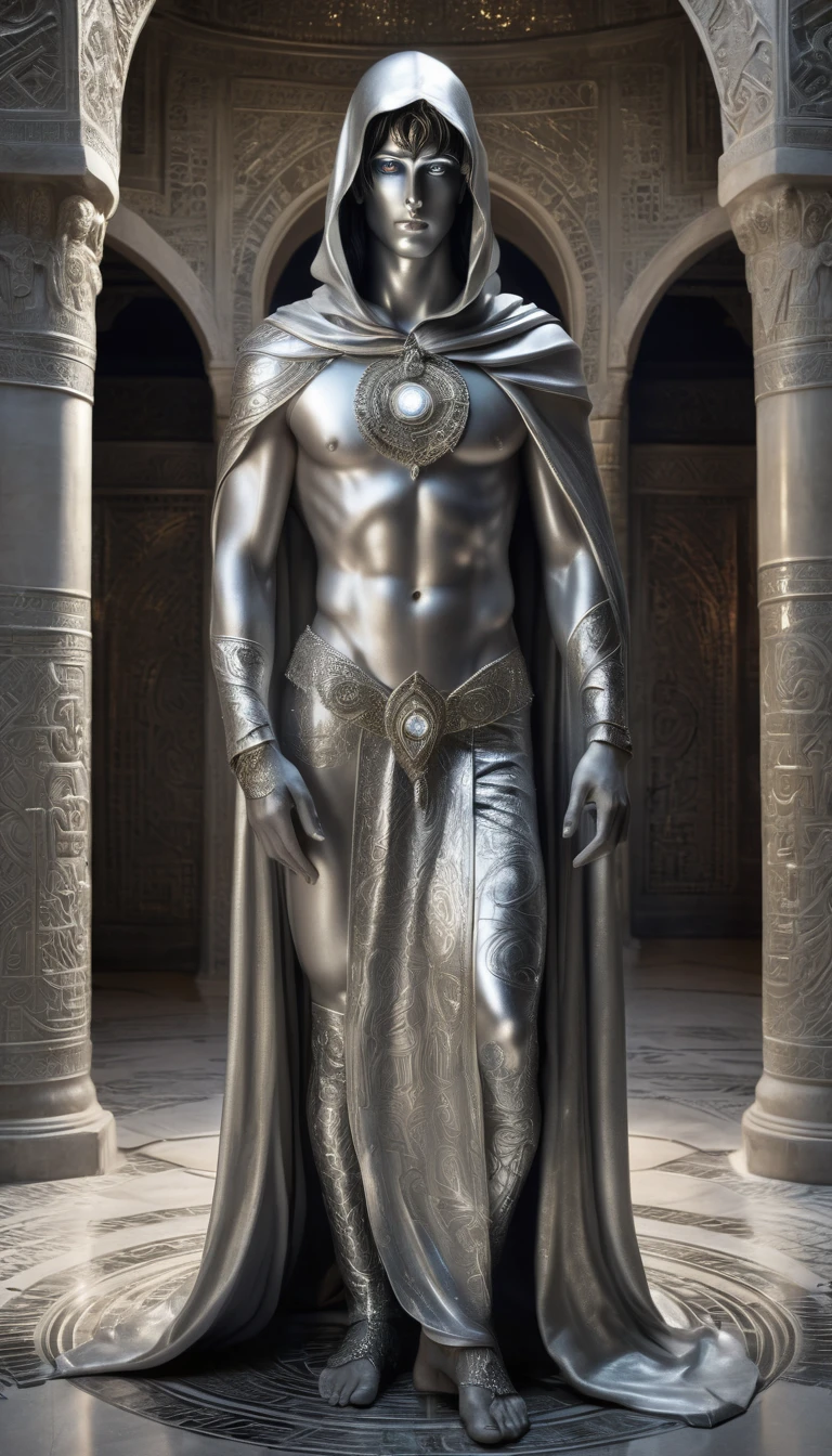 A full-length statue of the sexual young man with beautiful opened silver eyes looking forward with silver skin - God of the moon, made of silver, arabic appearance, naked in a floor-length silver skirt, covered with a hood, semicircular symbols on clothes
In the temple with Arabic architecture made of silver, dark fantasy style