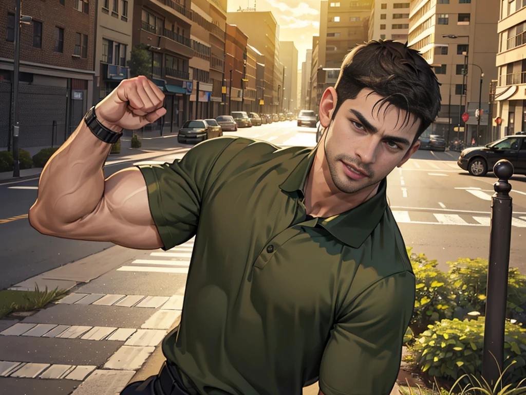 (Create a masterpiece: 1.2),(CGI art:1.3),(realistic:1.5),(After processing:1.3),(Sharp focus:1.3),1 man ,sunglass, straight, front ,Chris Redfield ,(black hair), smile open mouth, (Wear color olive green polo with a Police badge: 1.2), olive green cargo, Korean guy , korean men, (High gloss details), chest muscles, large arm muscles, blood vessel, Big muscles, Broad shoulders, looking at the audience, Balancing the eyes, middle of the road ,walk to camera,(Run and fight:1.6)