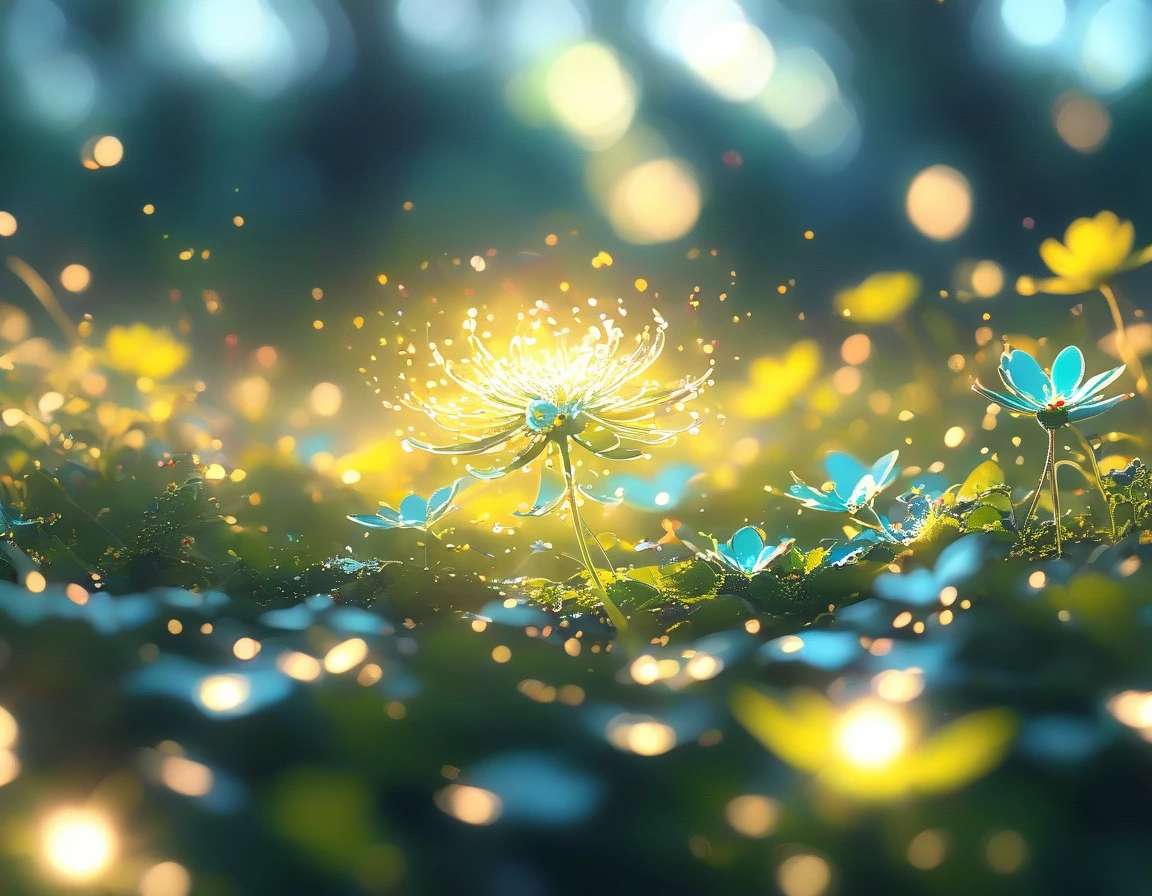 Create a 4K image of a glowing flower with petals emitting a soft, radiant light. The flower is in the center of a field of similar luminous blooms, illuminating the night. Use a close-up shot to focus on the glowing petals. The lighting should highlight the gentle glow, creating a mystical ambiance. Ensure the image is highly detailed, in sharp focus, and of very high quality with no blur