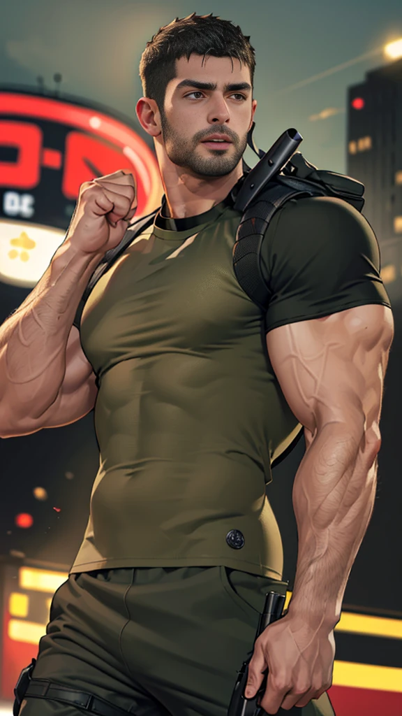 (Create a masterpiece: 1.2),(CGI art:1.3),(realistic:1.5),(After processing:1.3),(Sharp focus:1.3), man holding a gun , (gun:1.5) , straight, front ,Chris Redfield ,(black hair), smile open mouth, (Wear color olive green round neck T-shirt: 1.5), (with a Police badge: 1.2), olive green cargo, Korean guy , korean men, (High gloss details), chest muscles, large arm muscles, blood vessel, Big muscles, Broad shoulders, looking at the audience, Balancing the eyes, middle of the road , (Carrying a black backpack: 1.3) ,walk to camera ,(Run and fight:1.6)
