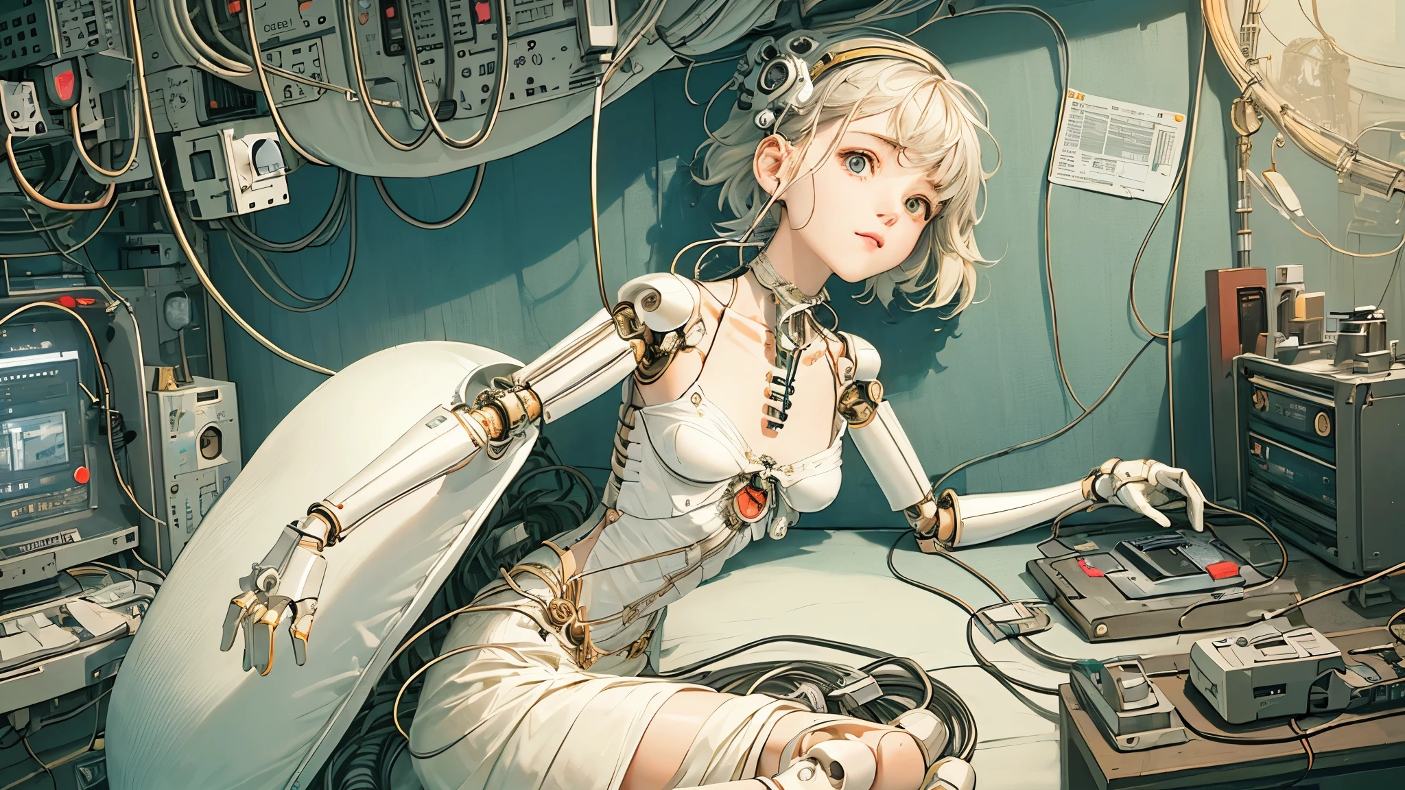 (((masterpiece))), (((highest quality))), ((Very detailed)), (Highly detailed CG illustrations), ((Very delicate and beautiful)),(Cute and delicate face),Light,((1. Machine Girl)),alone,whole body,(Machine made joints:1.4),((Mechanical Limbs)),(Muscles swell),(The vessel is connected to the tube),(Brain in a container:1.3),((Mechanical vertebrae attached to the back)),((Mechanical cervical spine attached to the neck)),((Sitting)),poker face,(Wires and cables attached to head and body:1.5),Small breasts,short hair,(Character Focus),sf,Lying down