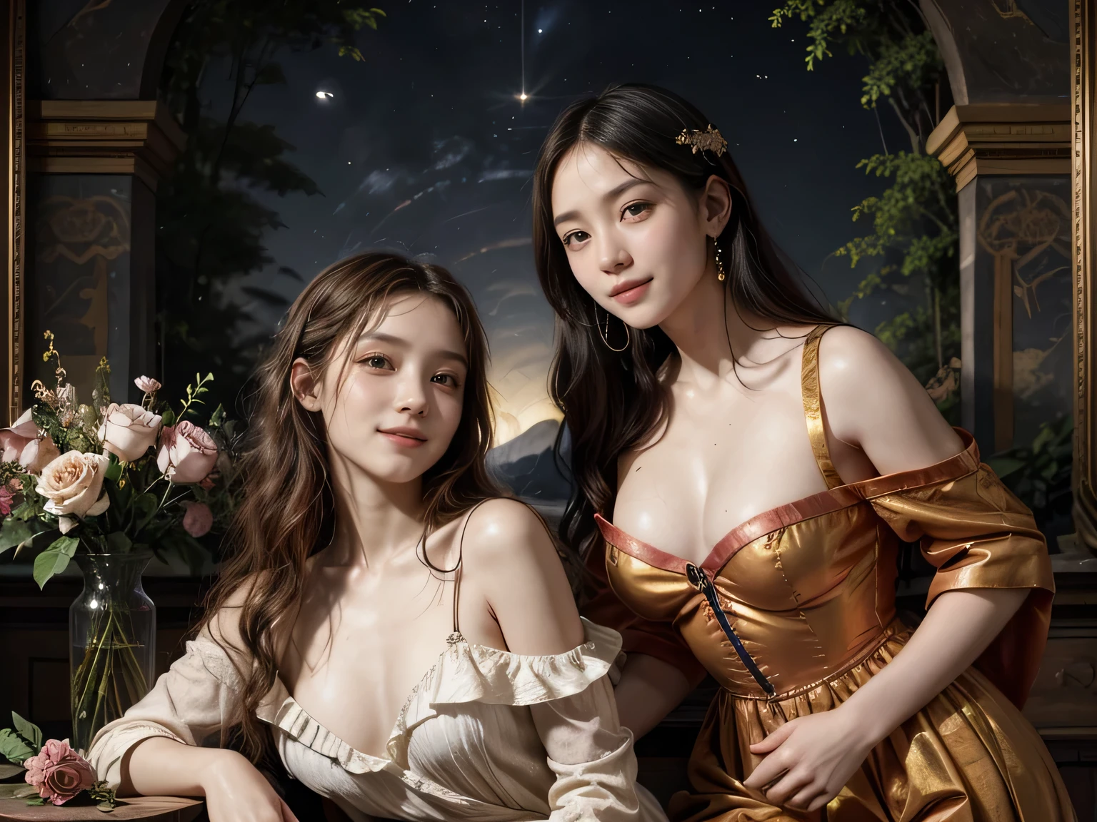 Giorgione painting style,Arguments of two female Philosophe,math、astronomical machine、astronaut、roses in vase、fruits、Cute trinkets、smile、ancient greek costume、Background is a forest lake at night 、Clothes that stretch your shoulders、A big smile、beautiful bare skin、A detailed representation of the seducing woman throughout her body.