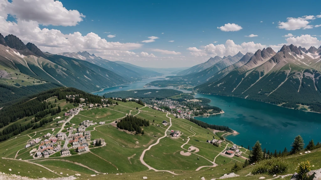 fantasy setting. medieval city far away in the distance. summer. lake. photo taken on mountains, far away from the city.