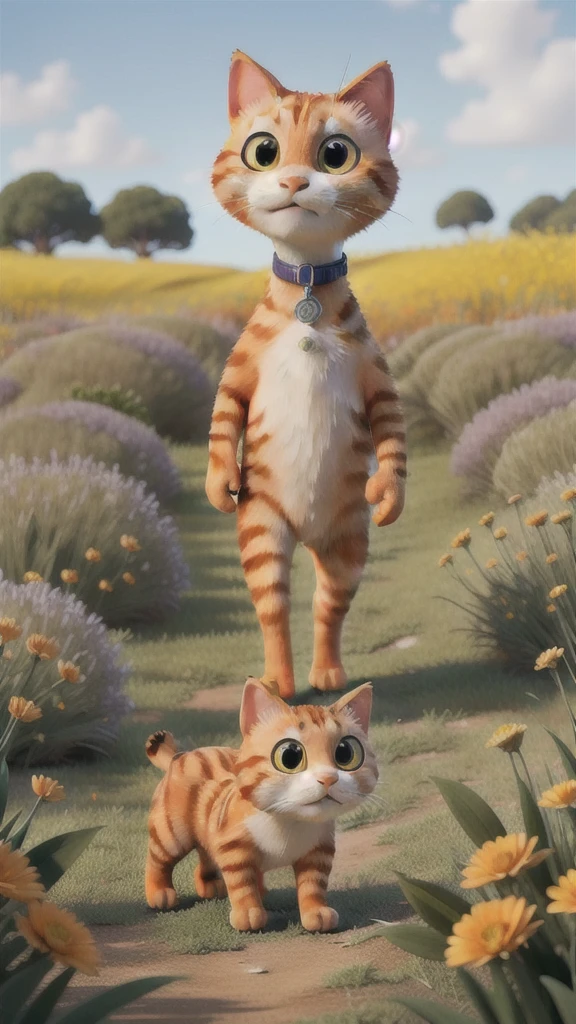 The same orange cat walking through tall grass, with a curious expression, surrounded by blooming flowers.