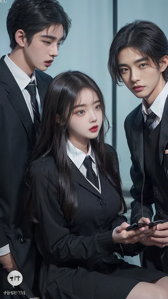 (high quality), (NSFW:1.2), (school _uniform :1.2), (split screen:1.3), (A delinquent:1.3),(girl's pantyhose:1.1), (glamorous and mature high school girl and a Korean adult man enjoying a smartphone chat app :1.4), (Her smartphone display shows a number of Korean adult men chatting to a high school girl.:1.4), (Their chat language is English:1.6), (Men are waiting for her response:1.5), popup window, (And the man is requesting a chat with her on the smartphone screen:1.5). (Chat takes place alternately between women and boys:1.4), (each other places),