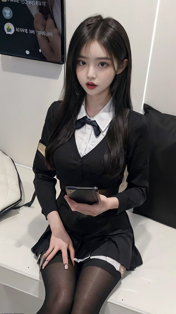 (high quality), (NSFW:1.2), (school _uniform :1.2), (split screen:1.3), (A delinquent:1.3),(girl's pantyhose:1.1), (glamorous and mature high school girl and a Korean adult man enjoying a smartphone chat app :1.4), (Her smartphone display shows a number of Korean adult men chatting to a high school girl.:1.4), (Their chat language is English:1.6), (Men are waiting for her response:1.5), popup window, (And the man is requesting a chat with her on the smartphone screen:1.5). (Chat takes place alternately between women and boys:1.4), (each other places),