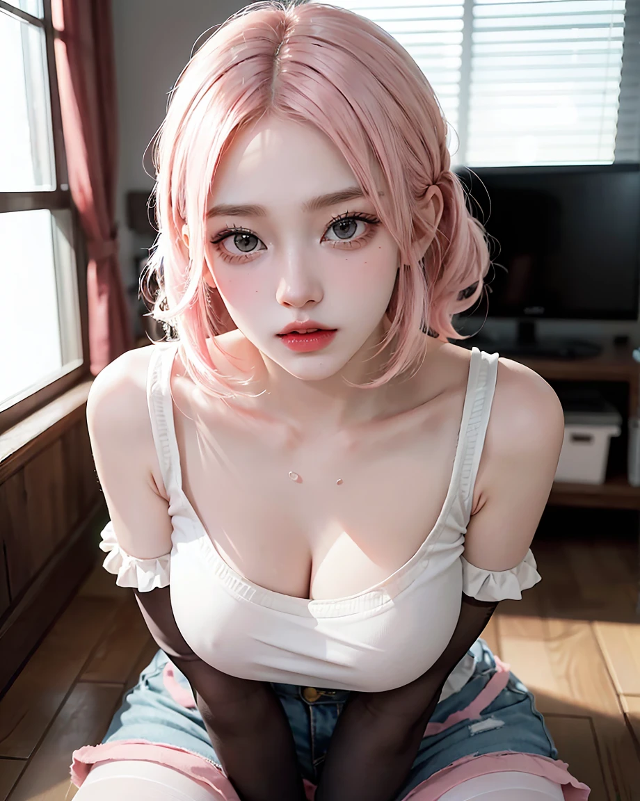 (Random Porn Poses),(Random Hairstyles),(Best image quality,(8k),Ultra-realistic,最high quality, high quality, High resolution, high quality,Attention to detail,Beautiful details,Fine details,Highly detailed CG,Detailed Texture,Realistic facial expressions,masterpiece,in front),See throughブラ,tight,stockings,Pink Hair, Shorts, (((tightなウエスト))), ((Big Breasts)),(See through),Soaking wet,Revealing clothing,photo shoot, , Strong design sense,Delicate skin, high qualityの質感, Glare Backlight, Professional Studio Lighting,Pink Hair,Tight waist