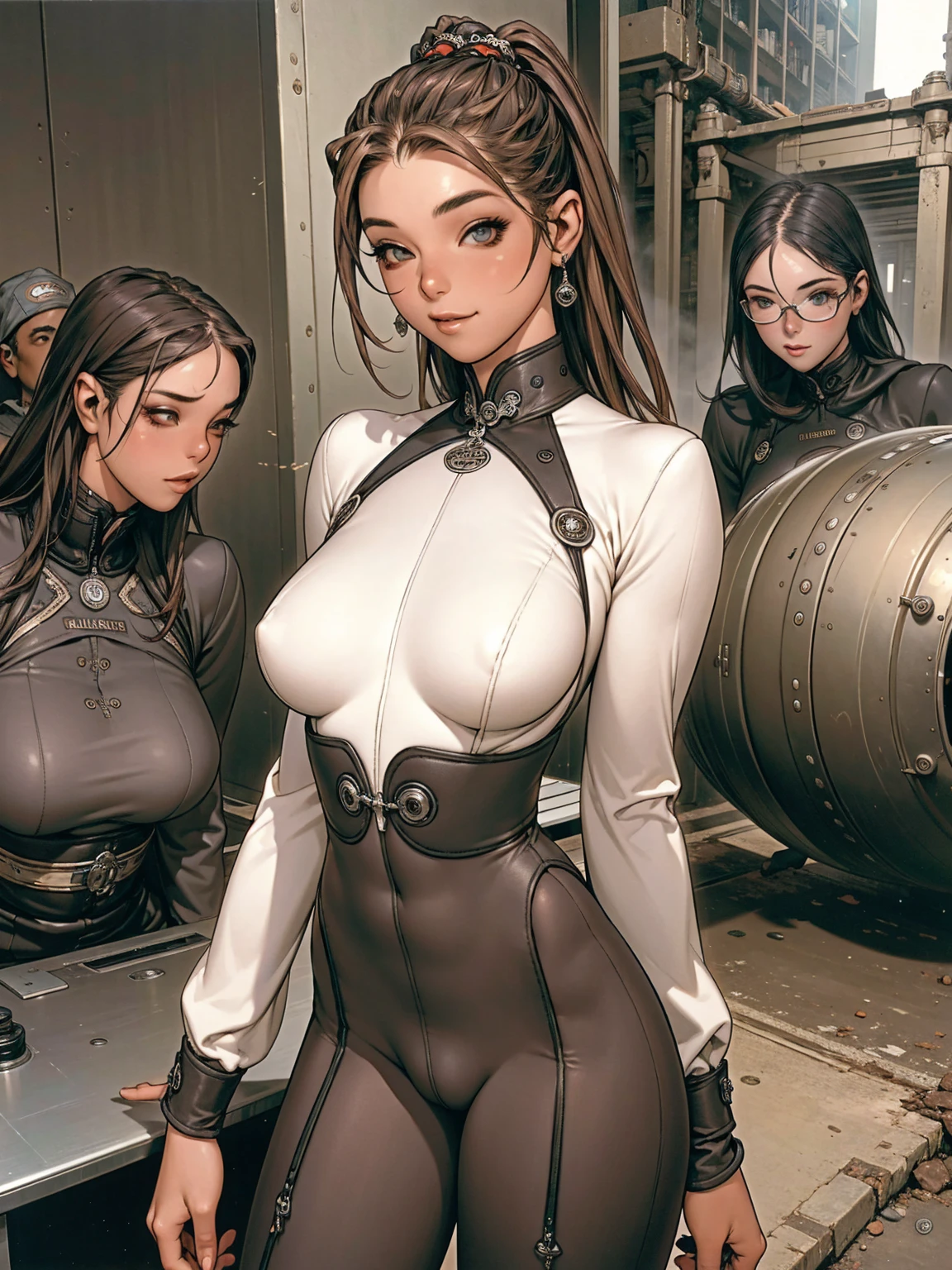 (((devilish smile))), (((melhor qualidade: 1.4))), (((tight jacket with long pants and low-cut blouse))), (((DuneWalker))), (((post-apocalypse))), (Unbeatable masterpiece), (hiper HD),(CG 8k hiper-realista), 1Garota armada em um mundo futurista usando roupas coloridas e modernas. Corte de cabelo ultra moderno branco, perfect body with robotic parts, seios grandes, bunda perfeita, muscles without exaggeration, rosto lindo com olhos azuis penetrantes, add textures to clothes and create something different from the usual, add accessories like garter belt, espartilho e luvas com listras, pele bronzeada e com brilho de molhado, industrial environment with giant heavy machines, Intricate machinery and giant robot parts