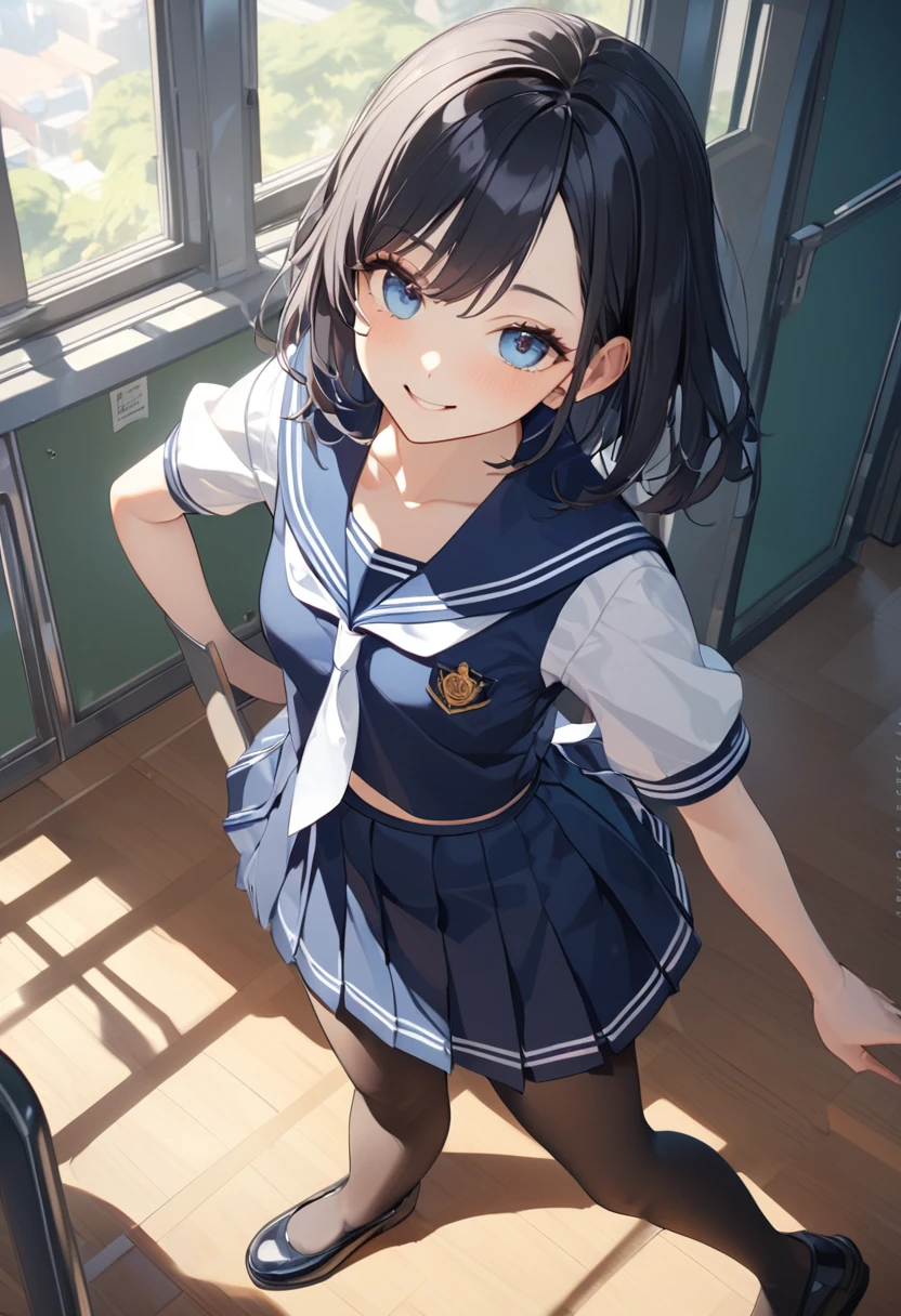 8k, highest quality, masterpiece, Wallpapers by Unity 8k, (One Girl) , 、 Perfect detail, (Best lighting) , (非常にComplexディテール)、 1girl, Black Hair、Round eyes、Very detailed, Complex、Flat Chest、 from above, smile、High 、Sailor suit、Navy blue pleated skirt、Cleavage、pantyhose、Cowboy Shot、School classroom