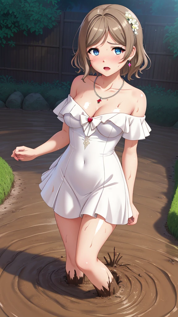 (Masterpiece), 8k wallpaper, solo, Watanabe you, game cg, beautiful detailed face and eyes, perfect anatomy, standing, outside, upset, scared, glossy lips, wedding dress, off the shoulder, necklace, jewelry, garden, (sinking in mud)