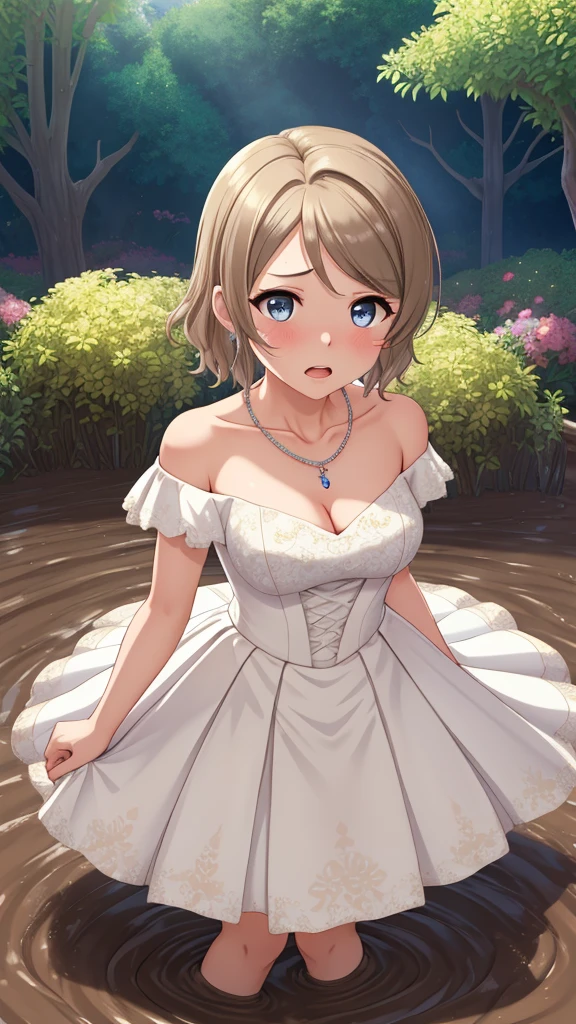 (Masterpiece), 8k wallpaper, solo, Watanabe you, game cg, beautiful detailed face and eyes, perfect anatomy, standing, outside, upset, scared, glossy lips, wedding dress, off the shoulder, necklace, jewelry, garden, (sinking in mud)