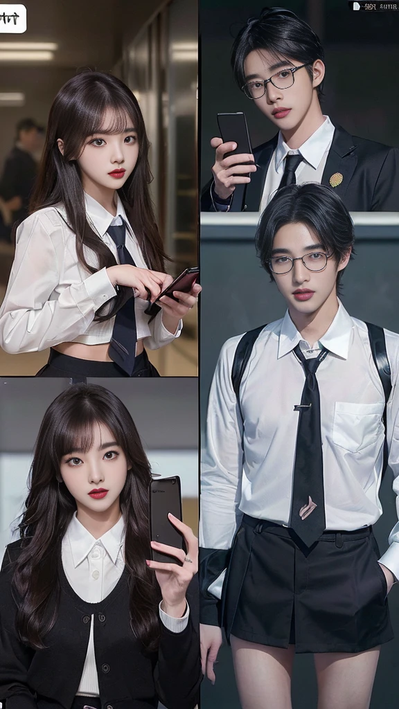 (high quality), (NSFW:1.2), (school _uniform :1.2), (split screen:1.3), (A delinquent:1.3),(girl's pantyhose:1.1), (glamorous and mature high school girl and a Korean adult man enjoying a smartphone chat app :1.4), (Her smartphone display shows a number of Korean adult men chatting to a high school girl.:1.4), (Their chat language is English:1.6), (Men are waiting for her response:1.5), popup window, (And the man is requesting a chat with her on the smartphone screen:1.5). (Chat takes place alternately between women and boys:1.4), (each other places),