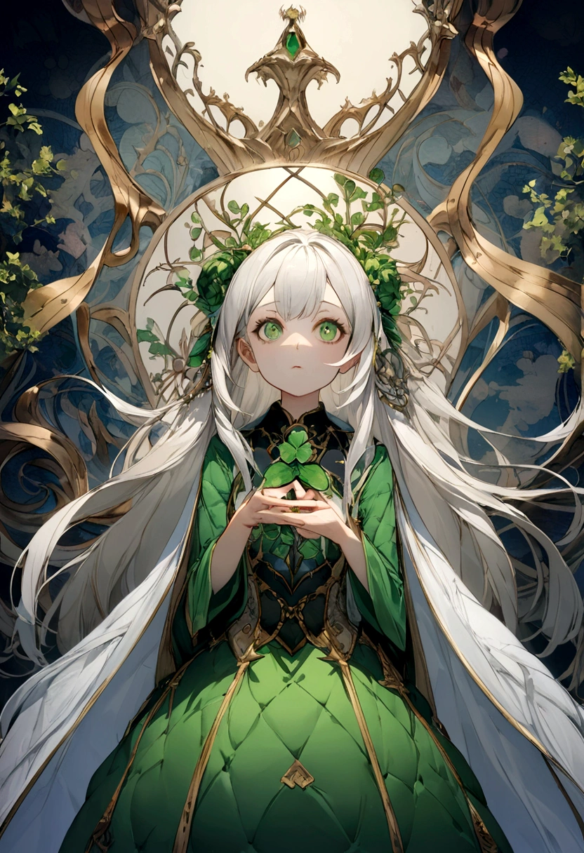 A person standing under a high wall，Holding a lucky four-leaf clover, looking up and forward，Background two-dimensional wallpaper 4k ultra clear，The character is a girl，With your back to me，night，Highlighting the insignificance of characters，Side close-up，Magical World