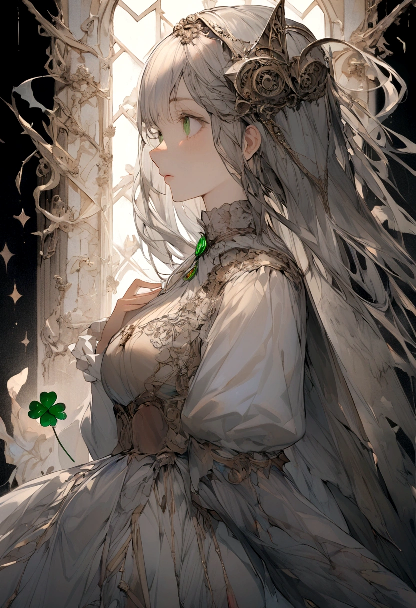 A person standing under a high wall,Holding a lucky four-leaf clover, looking up and forward,Background two-dimensional wallpaper 4k ultra clear,The character is a girl,With your back to me,night,Highlighting the insignificance of characters,Side close-up,Magical World