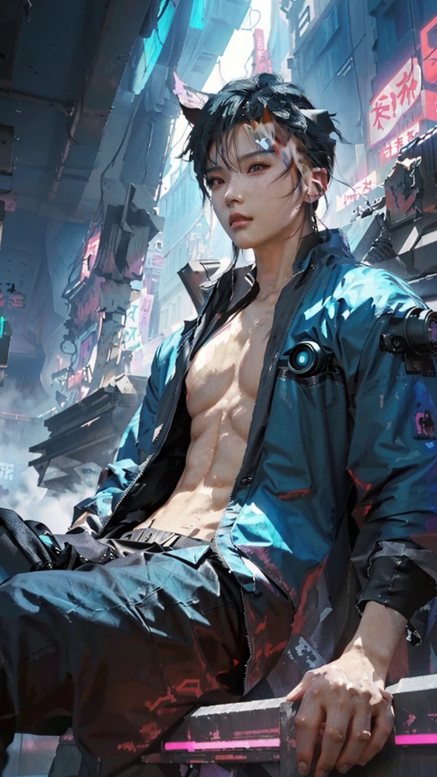 guy with a shirtless torso sitting on a ledge in a city, digital cyberpunk anime art, digital cyberpunk - cyberpunk art, cyberpunk art, artwork in the style of guweiz, ross tran style, modern cyberpunk anime, muscular! cyberpunk, inspired by Yanjun Cheng, handsome pose, oppai cyberpunk, cyberpunk art style,big muscle breasts, marvelous muscle , big chest