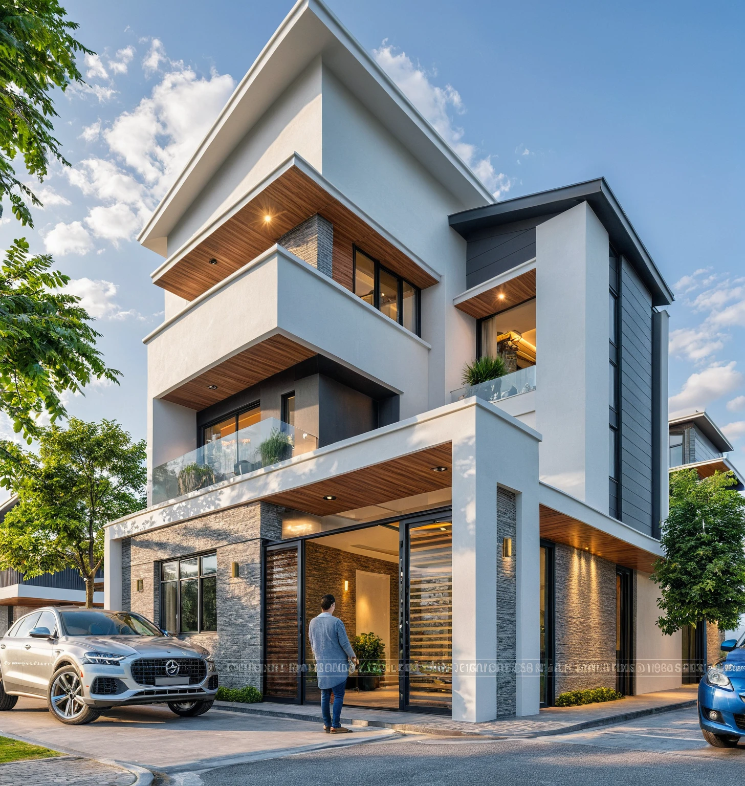 Masterpiece, high quality, best quality, authentic, realistic scene, super detail, outdoors, house on the street, white wall, glass window, steel gate, road, pavement, grass, trees, sky, cloud, car (daylight:1.1)
