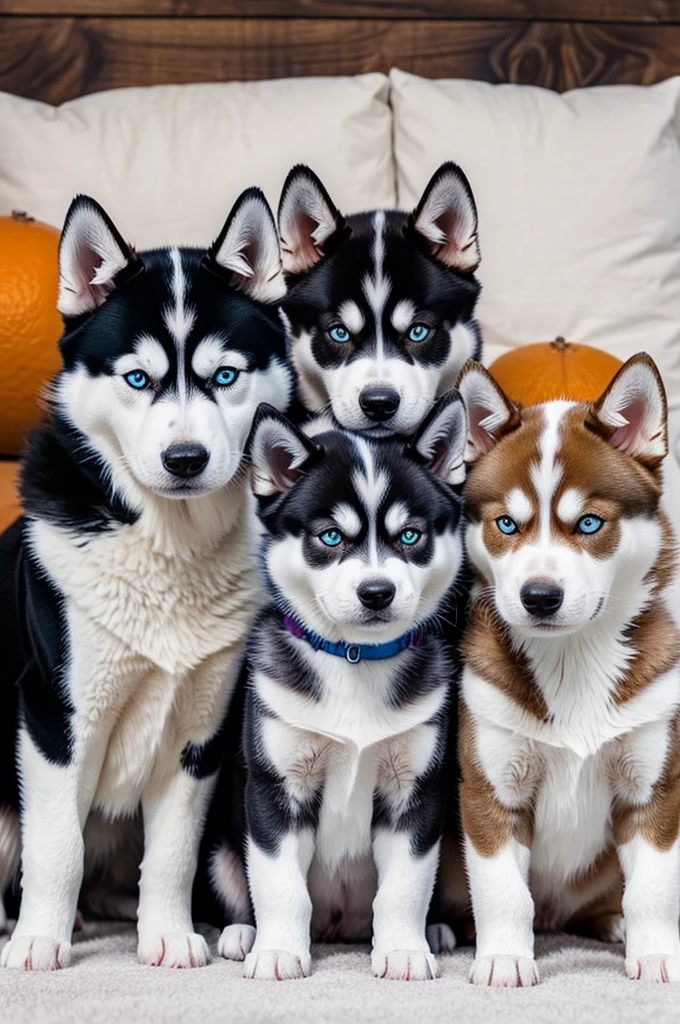 3 husky dogs and a cat sitting altogether. the first dog has a black and white fur with blue eyes and the second dog has a light brown fur with a Blue eye, and the third dog has a brown fur and a brown eyes, and the cat has a three color fur, black, orange and white with a brown eyes