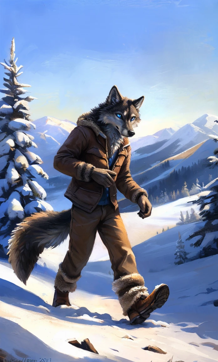((Solo)), male people, anthro wolf, (Multi-colored fur, White-brown:1.3,White tail pointed), (Height 2.1m,Tail length 1.2m), ((Wolf face, Big eyes, White eyelids, Blue pupil, Slim:1.2) (Tough, Calm expression:1.2)), Slim, pinging)), (Correct anatomy), (Winter clothing:1.1), The upper body naked, (detailed outfits),A long big tail,Feet,(Realistic fur, Detailed fur texture, labeled:1.3)), (Natural lighting), Photorealistic, Hyperrealistic, ultradetailed, by Kenket,Snowfield,erect through,Running on