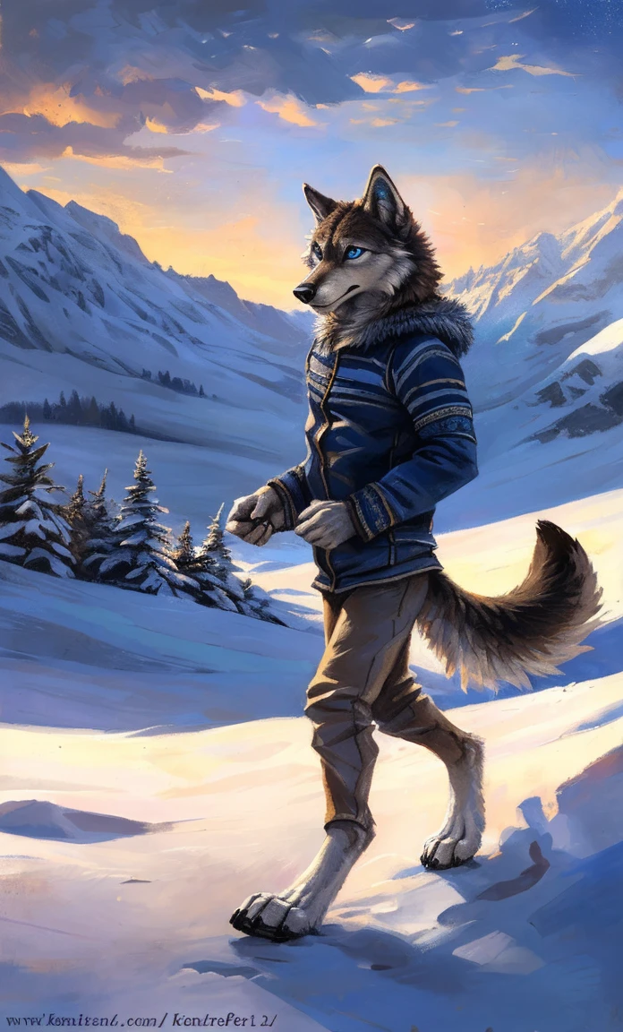 ((Solo)), male people, anthro wolf, (Multi-colored fur, White-brown:1.3,White tail pointed), (Height 2.1m,Tail length 1.2m), ((Wolf face, Big eyes, White eyelids, Blue pupil, Slim:1.2) (Tough, Calm expression:1.2)), Slim, pinging)), (Correct anatomy), (Winter clothing:1.1), The upper body naked, (detailed outfits),A long big tail,Feet,(Realistic fur, Detailed fur texture, labeled:1.3)), (Natural lighting), Photorealistic, Hyperrealistic, ultradetailed, by Kenket,Snowfield,erect through,Running on