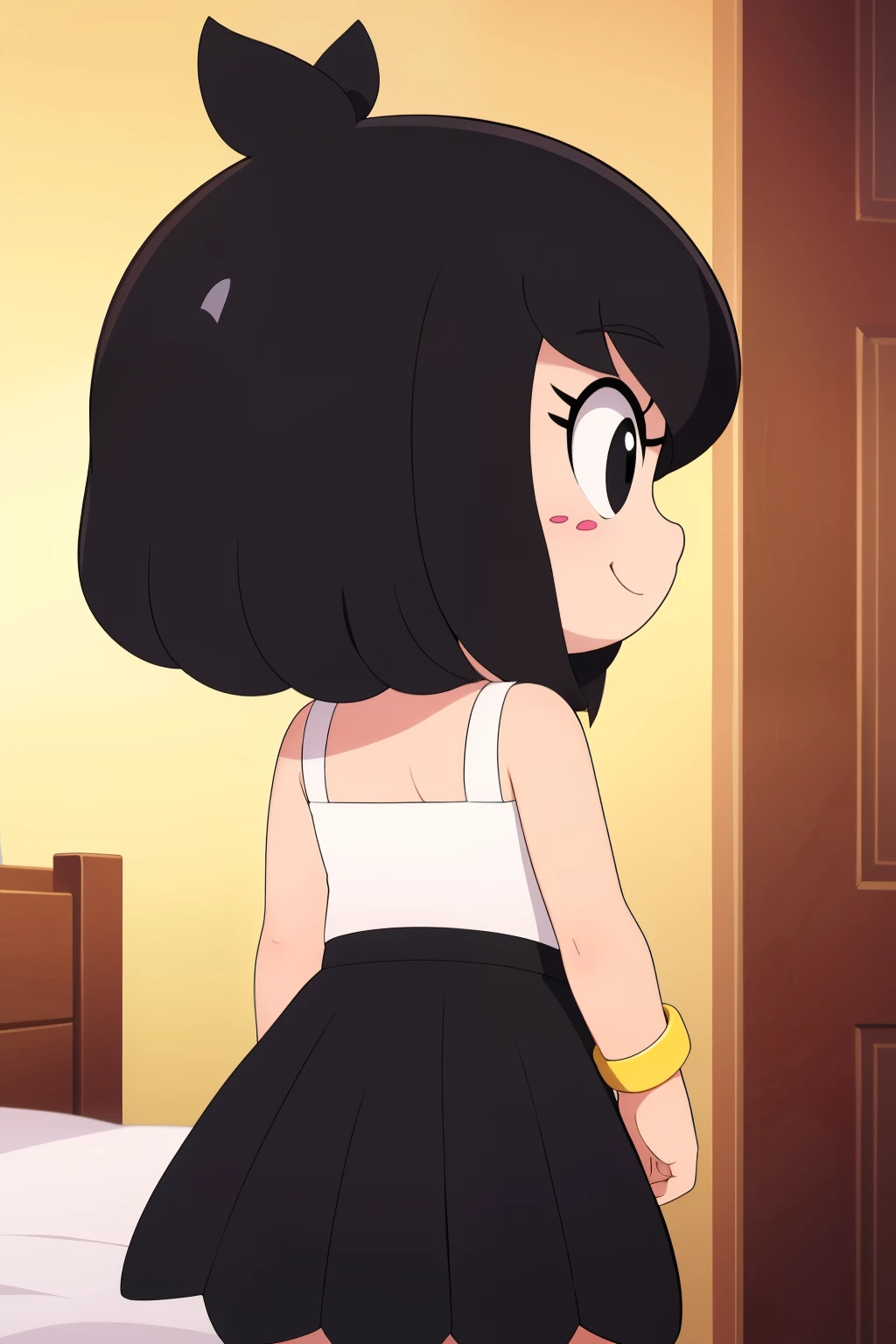 (masterpiece, best quality:1.2), 1girl, solo, hanazuki, black hair, highlights, (black eyes), pink nose, freckles, bracelet, black crop-top, black skirt, trimmings, butt, backside, facing away, young, , small frame, turned away, bedroom, bright sunlight, warm, blushing, surprised, best shadows, watercolor, cartoon, anime, chibi, smile, cute smile, mouth closed,