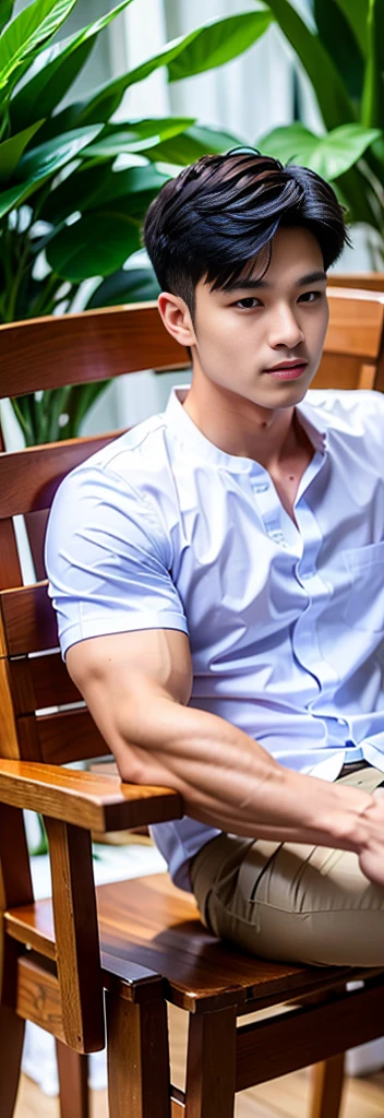 Masterpiece, best quality, High quality, วอลล์เปเปอร์ CG unity 8k ที่มีvery detailed, depth of field, HDR,,photorealistic,very detailed, 1 man sitting on a chair, Asia, black short hair, , (Thai , white shirt), dark Blue cargo shorts, chest muscles, Big arm muscles, blood vessel, big muscles, Broad shoulders, looking at the audience, Balancing the eyes, (Make eye contact)