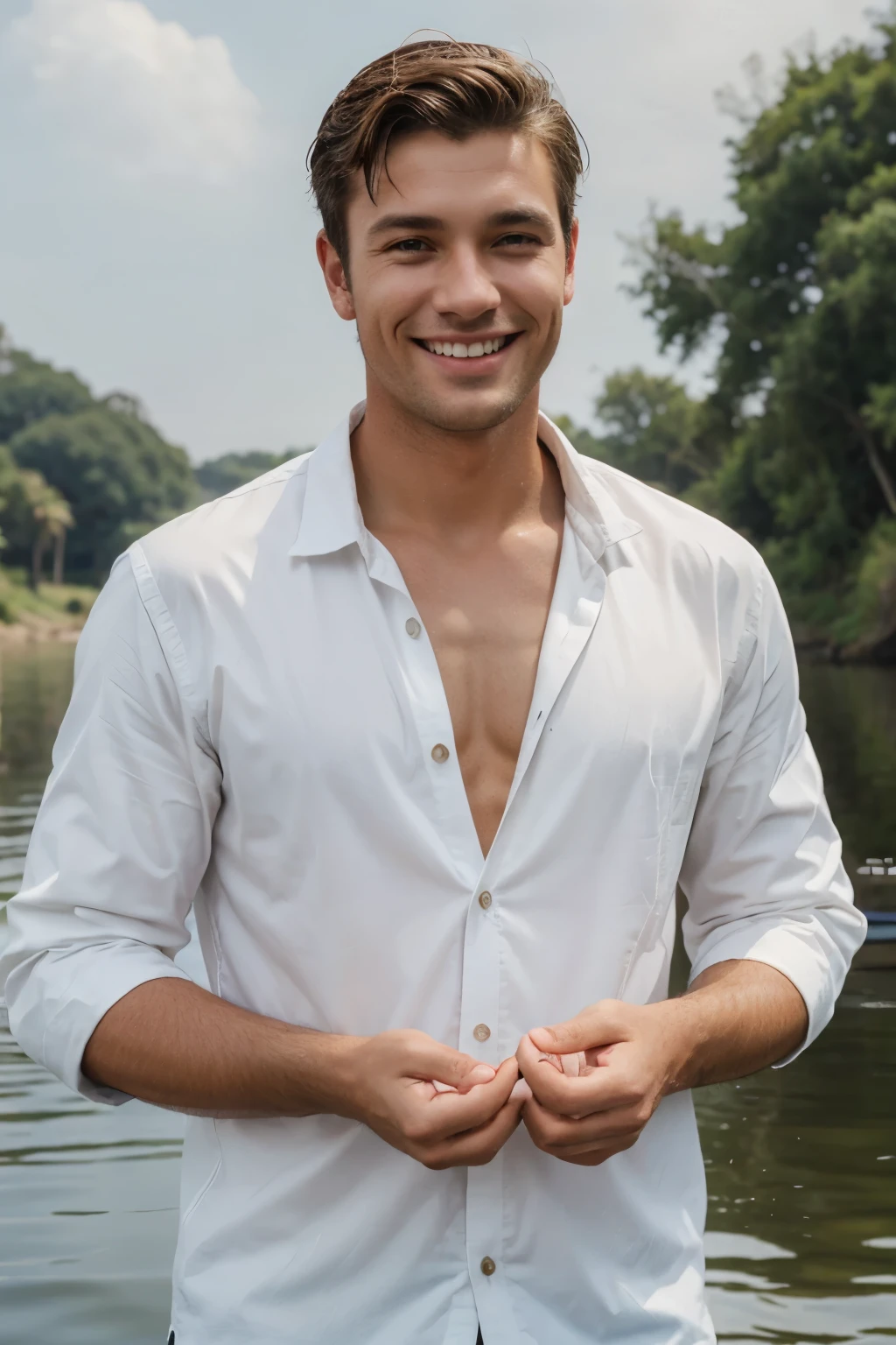 young handsome fisherman 25 aged wearing a light white shirt while chest buttons are open, holding fishs in his hand smiling and cheerful