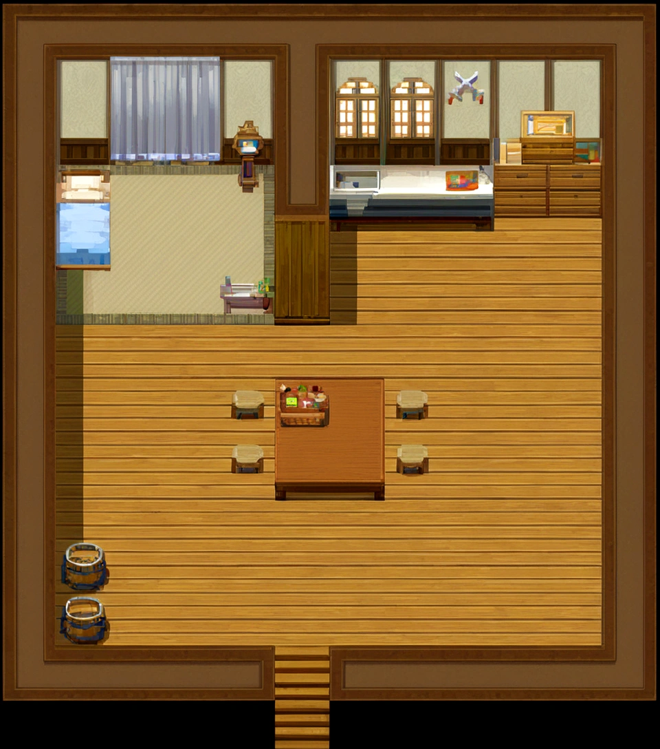 masterpiece，Best quality，pixel art,Room close-up，There was a table and a chair, Role playing game maker style bedroom, house interior, Old apartment,
